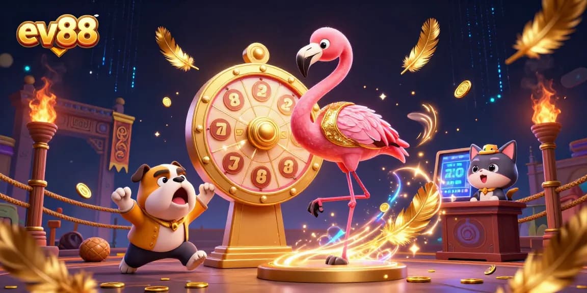 Ev88 offers an exciting scene with a game show host flamingo and an energetic bulldog contestant in a vibrant casino setup.