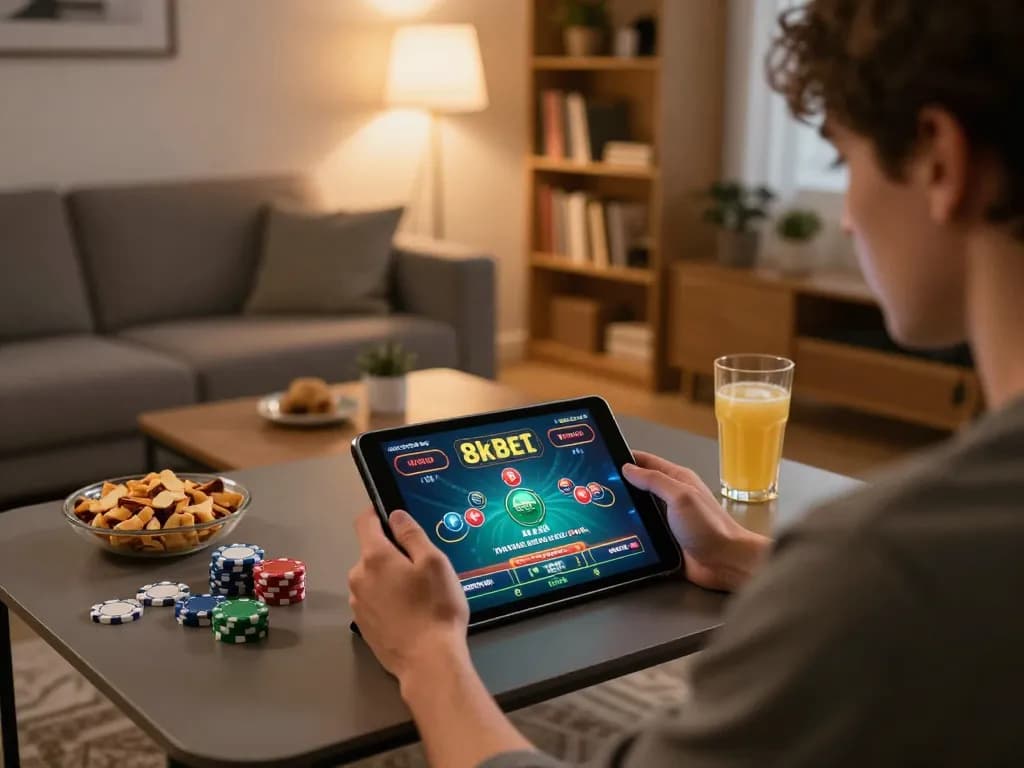 Player engaged in 8kbet online gaming from a cozy living room, showcasing responsible entertainment.