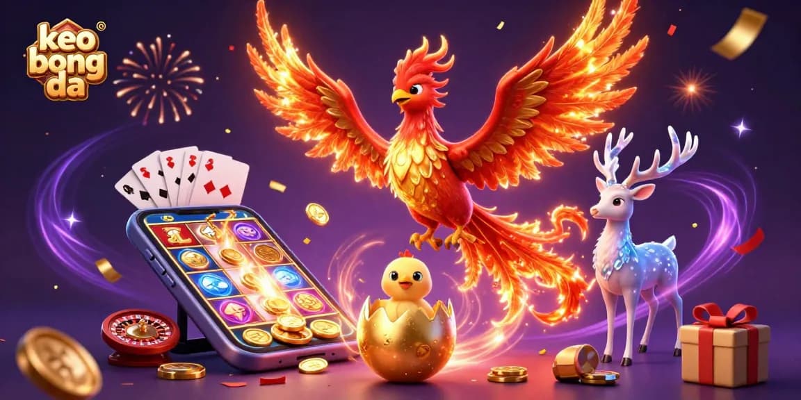 Engage with keo bong da as the phoenix soars above vibrant casino elements in a dynamic scene.