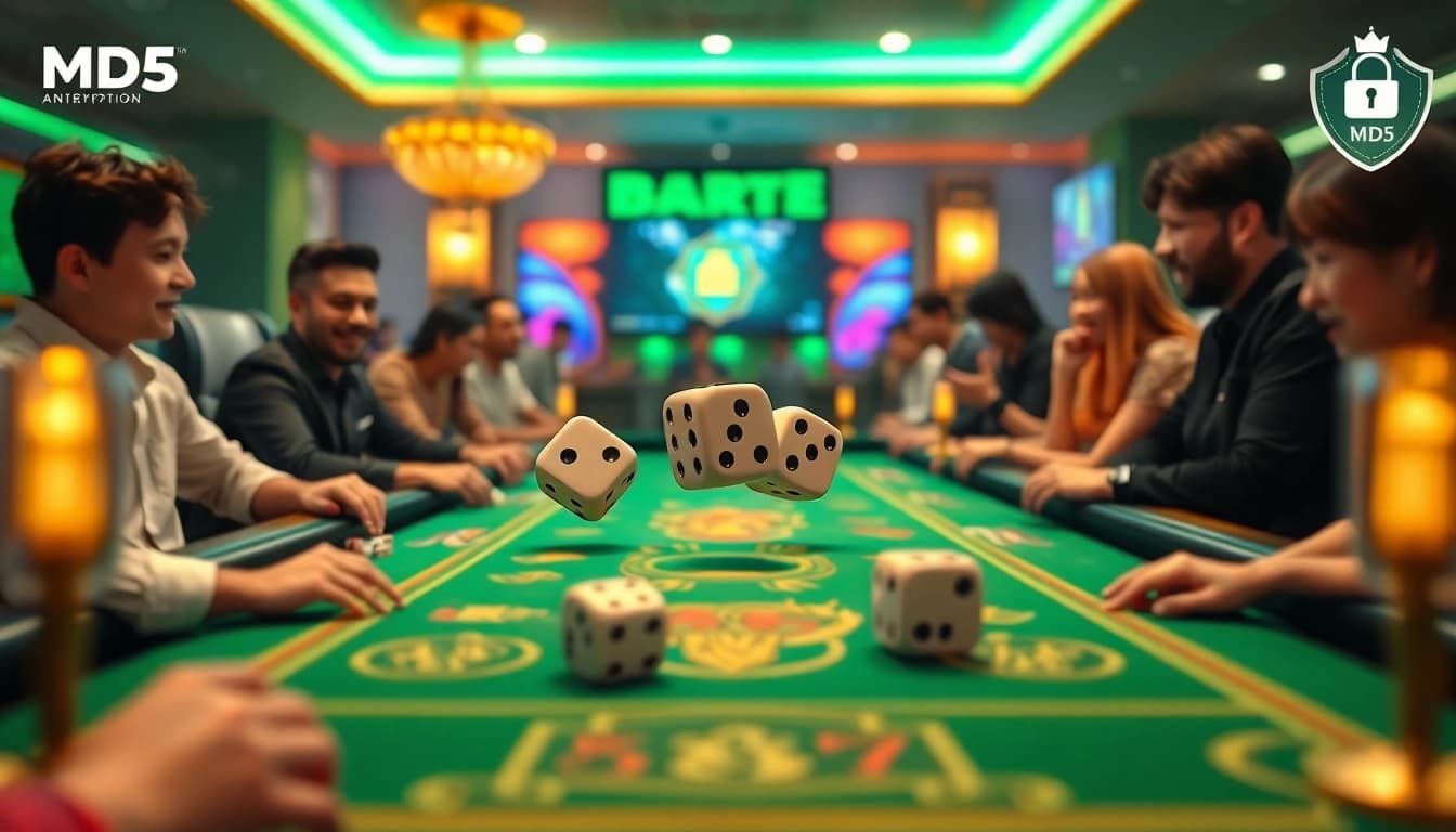 Dynamically engaging online Tài Xỉu MD5 gaming scene with dice, vibrant colors.
