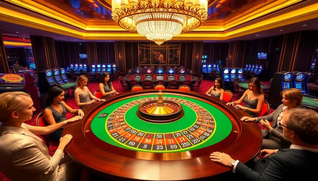 Players engage with a thrilling tr88 casino atmosphere, showcasing vibrant gambling activity.