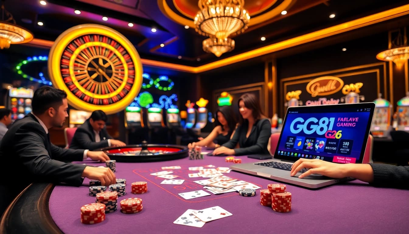 Players strategizing at a casino table with GG88 interface visible, embodying excitement and winning.