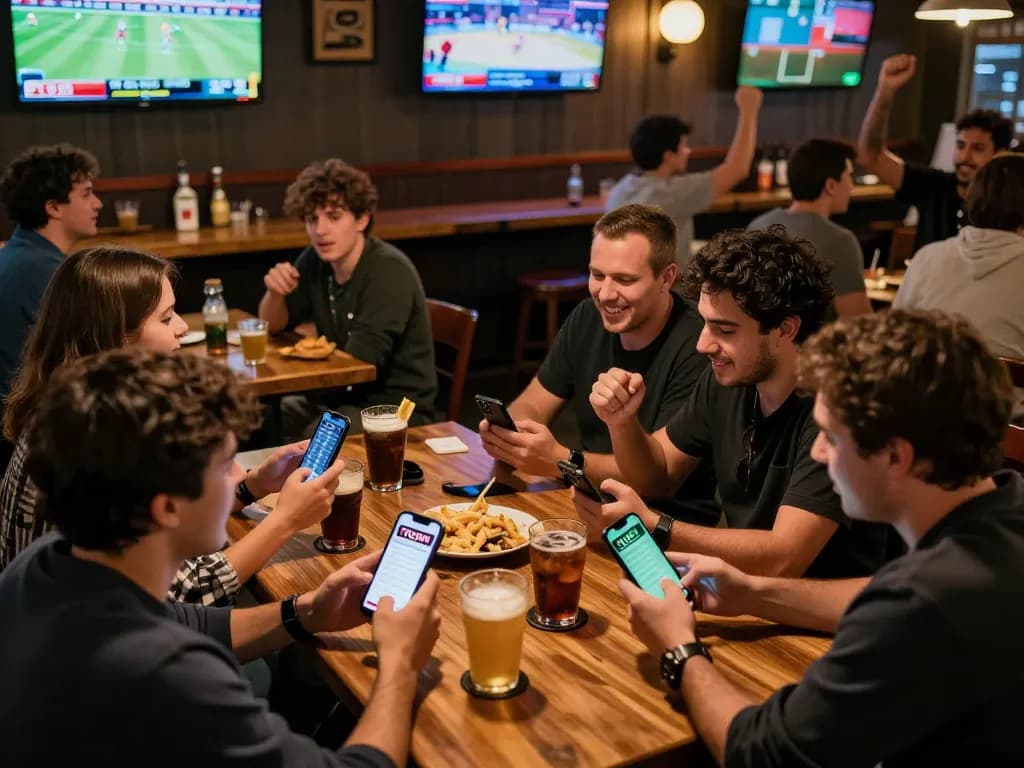 Engaging friends placing bets on sporting events via 1gom at a vibrant sports bar.