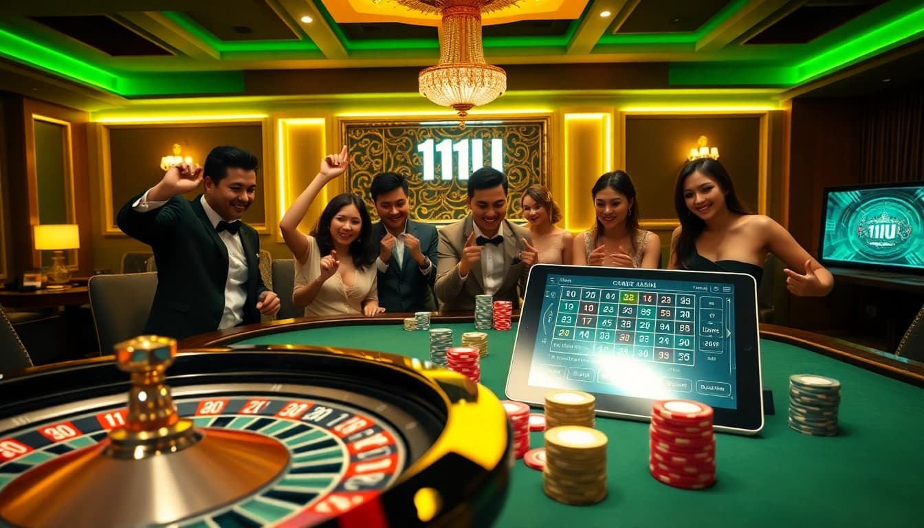 Players engaged in thrilling gambling action at 11UU's online casino with stunning poker tables.