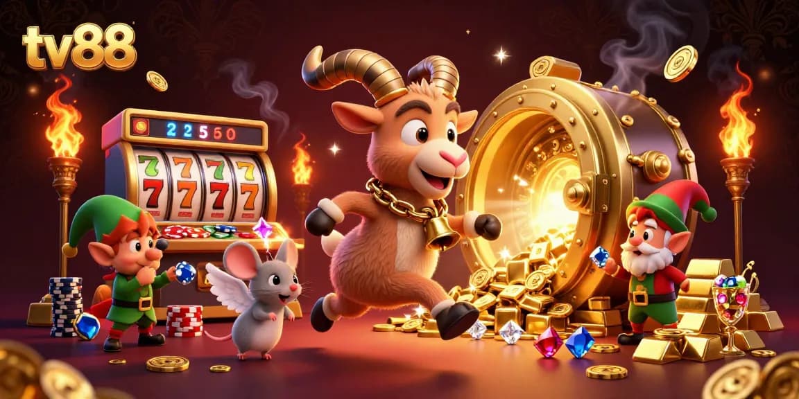 Engage with thrilling tv88 game action as Krampus oversees a bustling casino scene full of treasure.