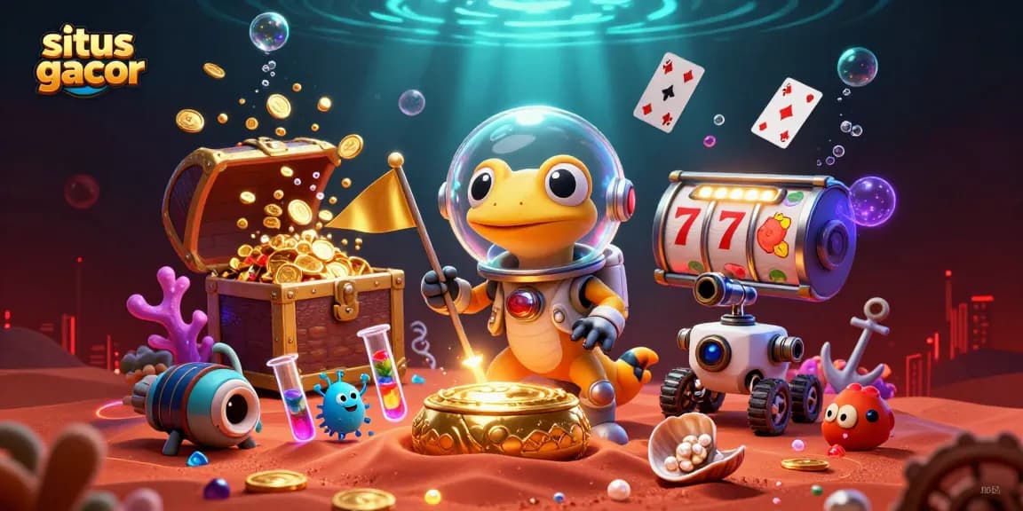 Experience the thrill of situs gacor with a vibrant casino scene, featuring a Martian gecko and golden treasures.