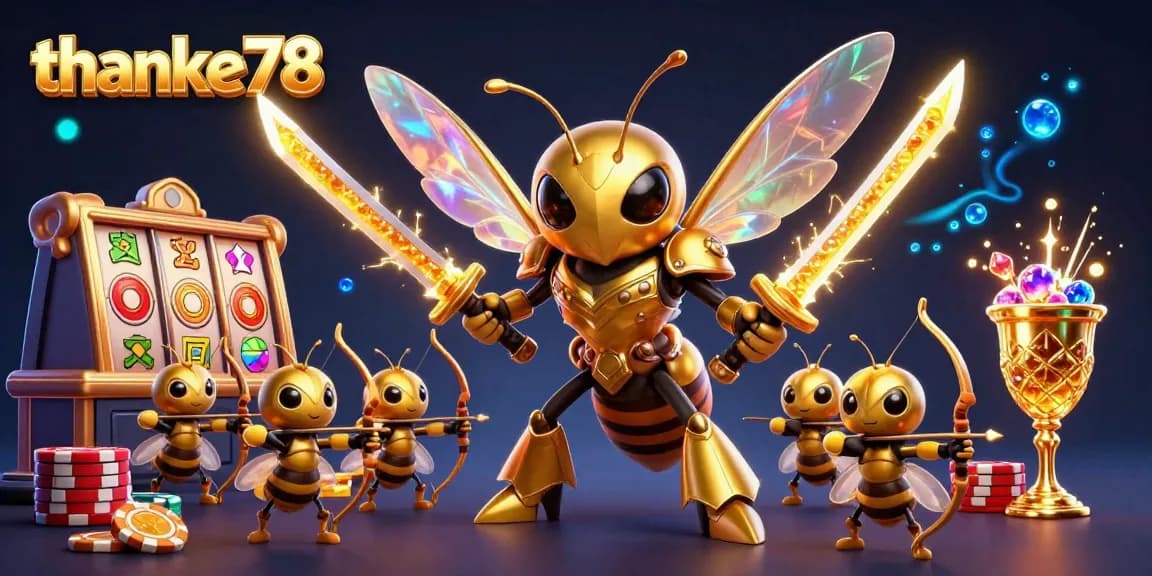 Engage in exciting gambling action with thanke78 as the epic giant hornet samurai battles amidst shimmering poker chips and vibrant slot reels.