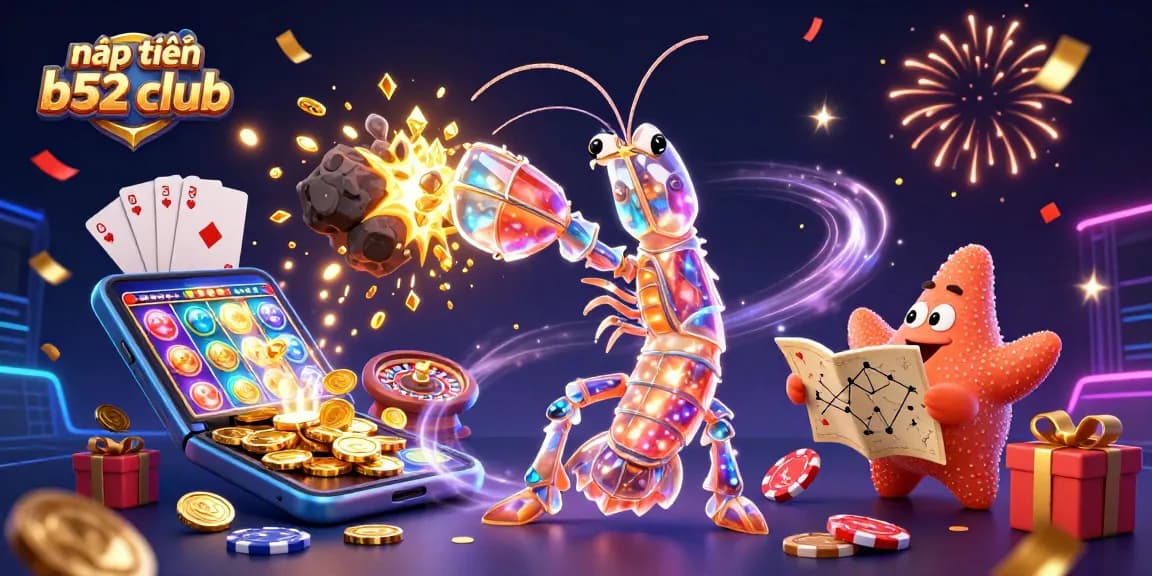 Nạp tiền b52 club as a vibrant, engaging scene illustrating a 3D cartoon galactic samurai mantis shrimp and starfish amidst gaming elements.