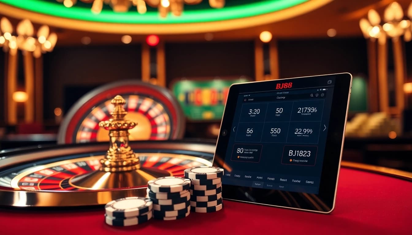 Engaging scene of a luxurious BJ88 online casino with roulette and cards, highlighting premium gaming experience.