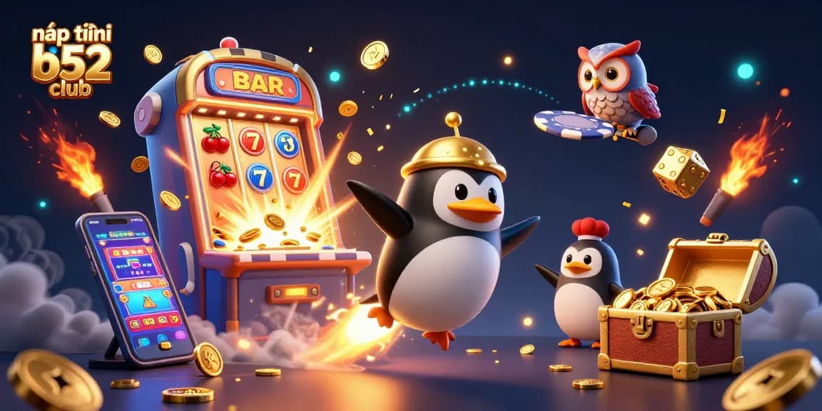 Experience the thrill of nạp tiền b52 club with a dynamic 3D casino scene featuring wild characters and vibrant elements.
