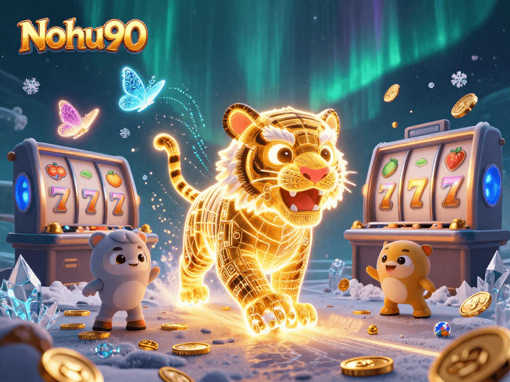 Nohu90 reveals an energetic digital casino scene with a golden tiger, slot reels, and flying coins.