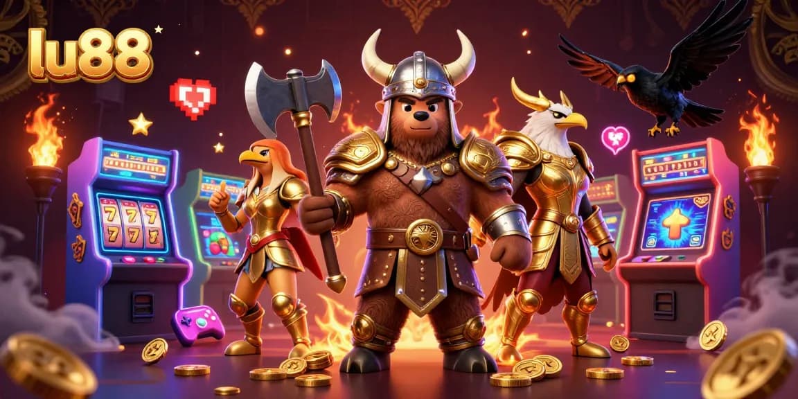 Experience exciting games at lu88 with a dynamic illustration of Viking-themed casino elements.