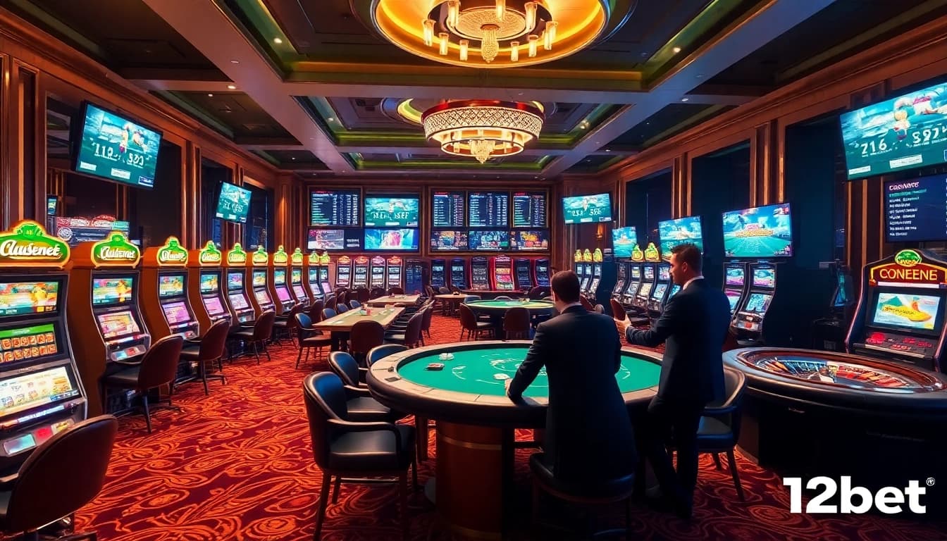 Experience high-stakes gaming with 12bet at a bustling casino with betting tables and vibrant slot machines.