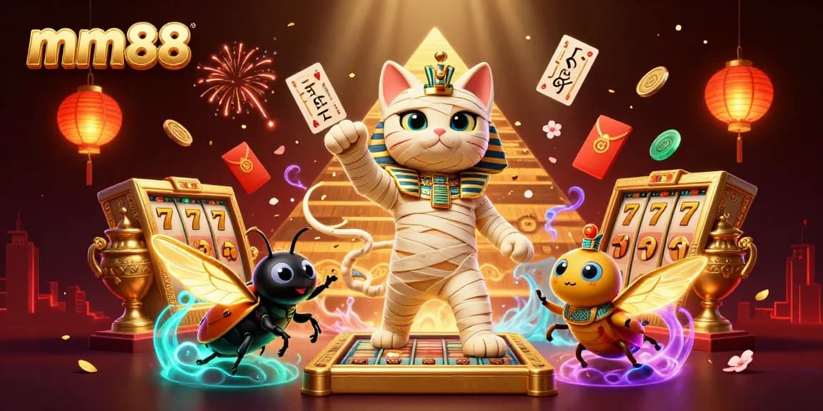 Engage with mm88's dynamic casino experience featuring a lively mummy cat and golden treasures.