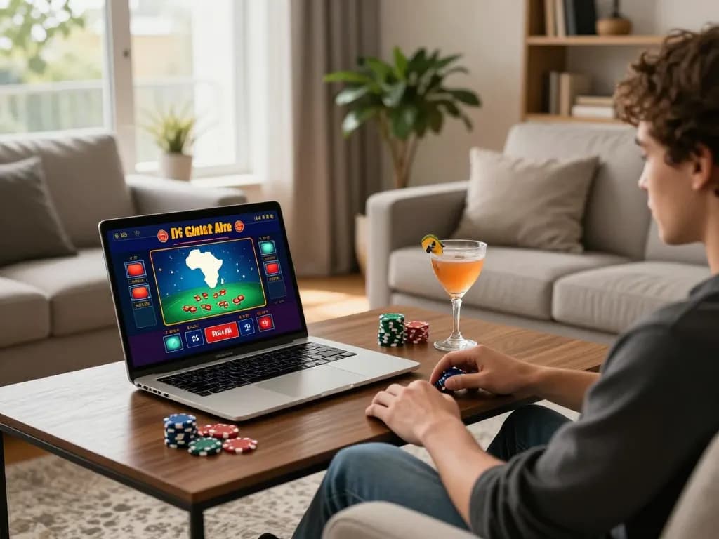 Engaging in an online gaming session with cloud-africa themed gameplay on a laptop, cozy modern living space.