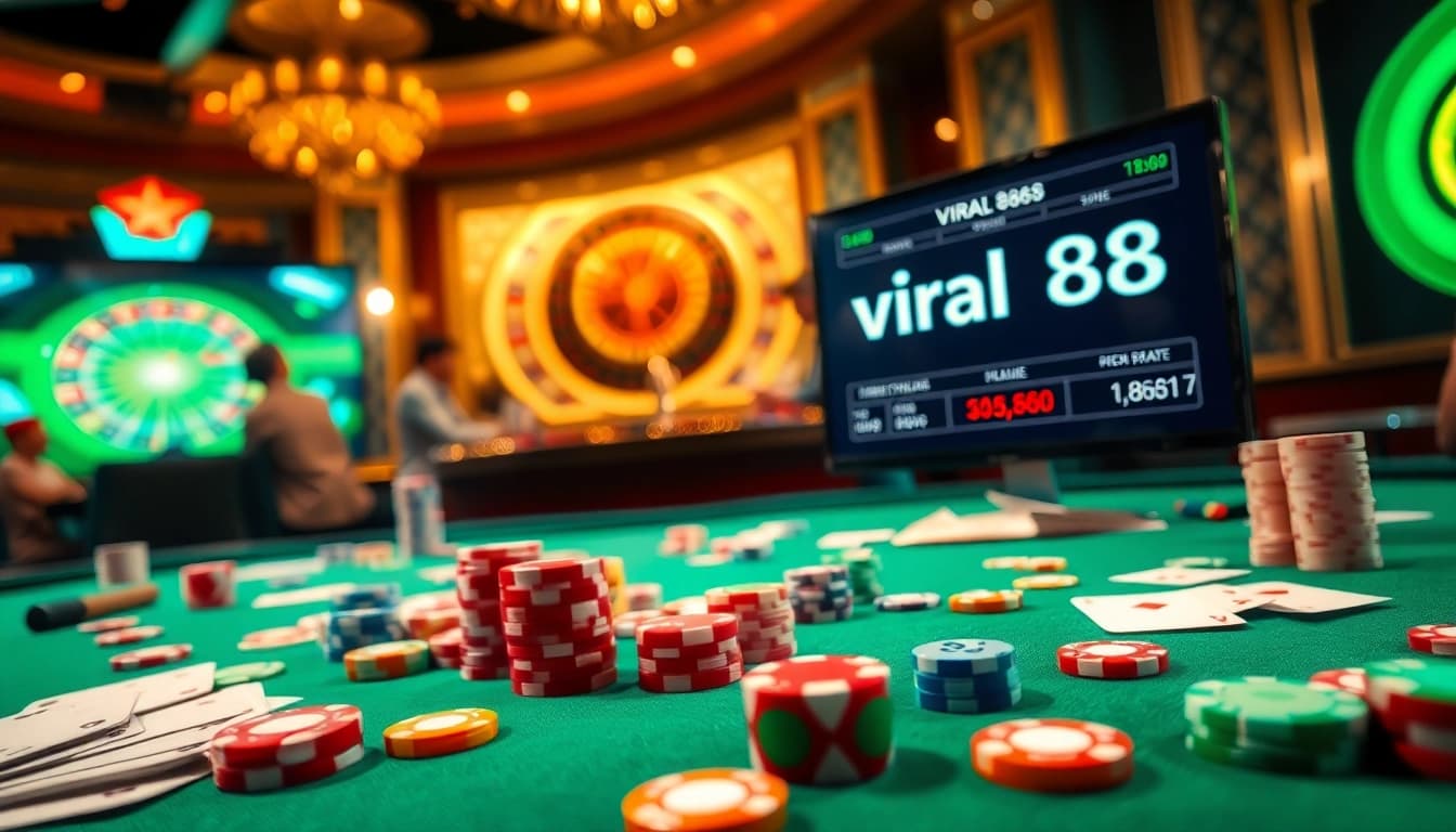 Viral88 players strategizing bets at a luxurious casino table with colorful poker chips and cards.