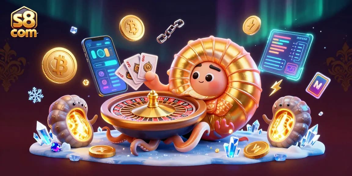 S8 com promotes thrilling gameplay with a golden roulette nautilus and crypto elements illuminating the casino scene.