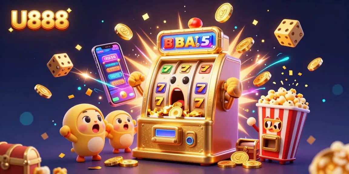 Experience thrilling wins with U888's vibrant 3D casino illustration featuring a golden slot machine and jackpots.