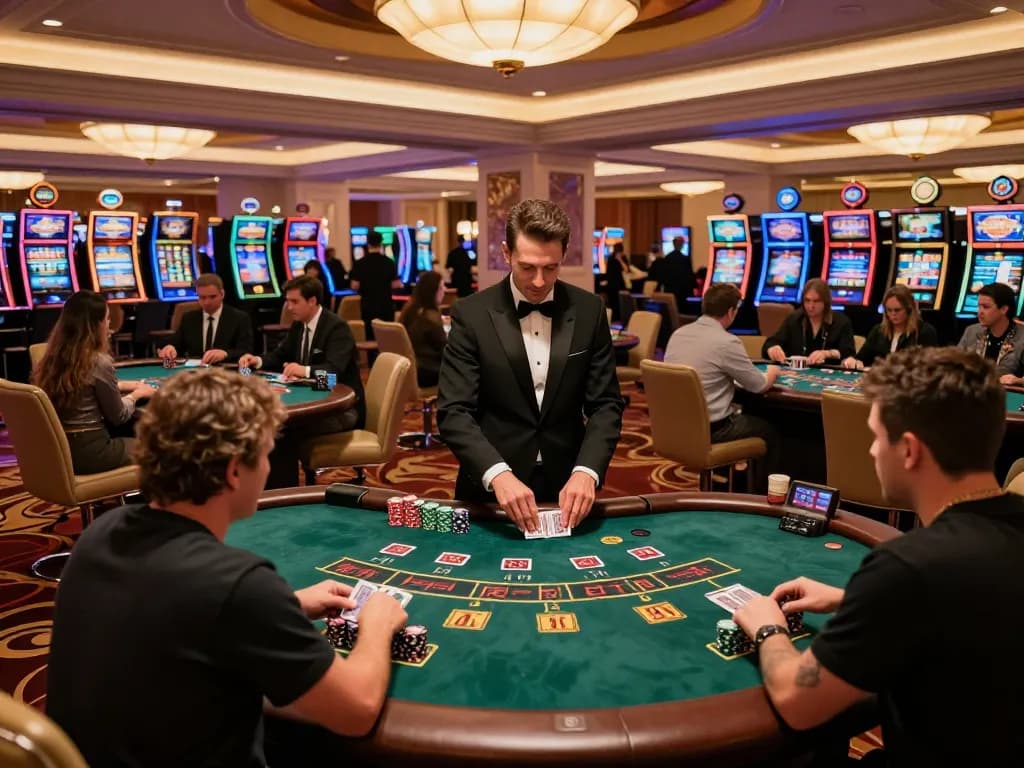 Players engaging in strategic blackjack gameplay at a luxury Vegas casino, mm88 atmosphere of excitement.