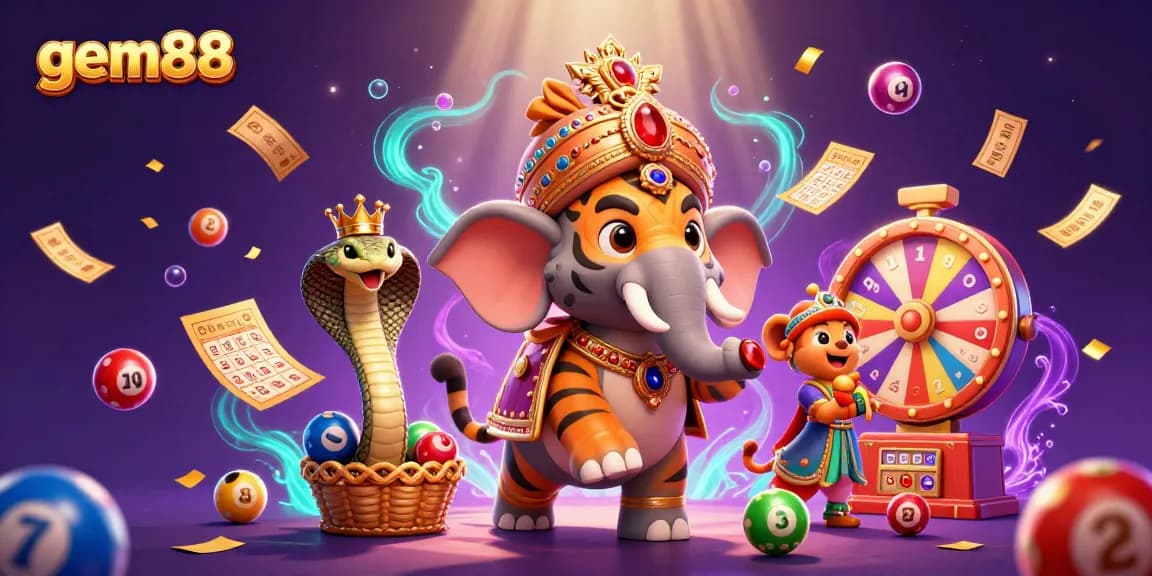 Join the excitement at gem88 with vibrant lottery games and animated characters in a colorful casino scene.