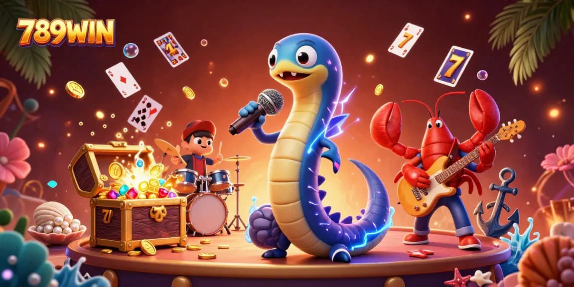 Experience the vibrant energy of 789WIN as the electric eel DJ performs with colorful casino elements.
