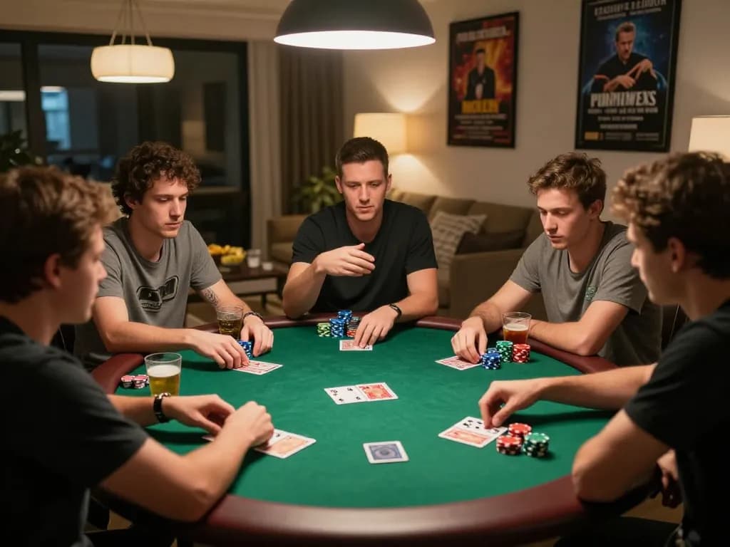 Engaged players strategizing their moves in a lively game of Bài Poker at a home poker night.