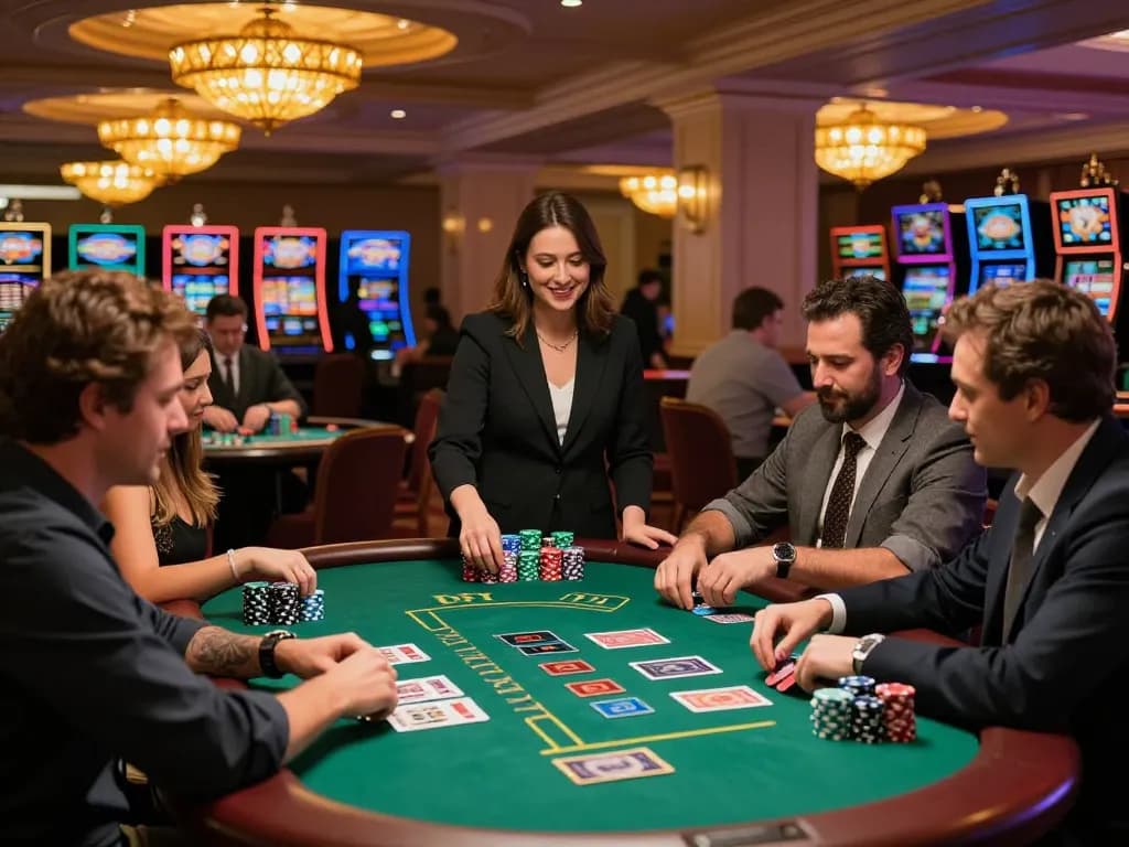 Kuwin players strategizing around blackjack tables, immersed in high-stakes fun.