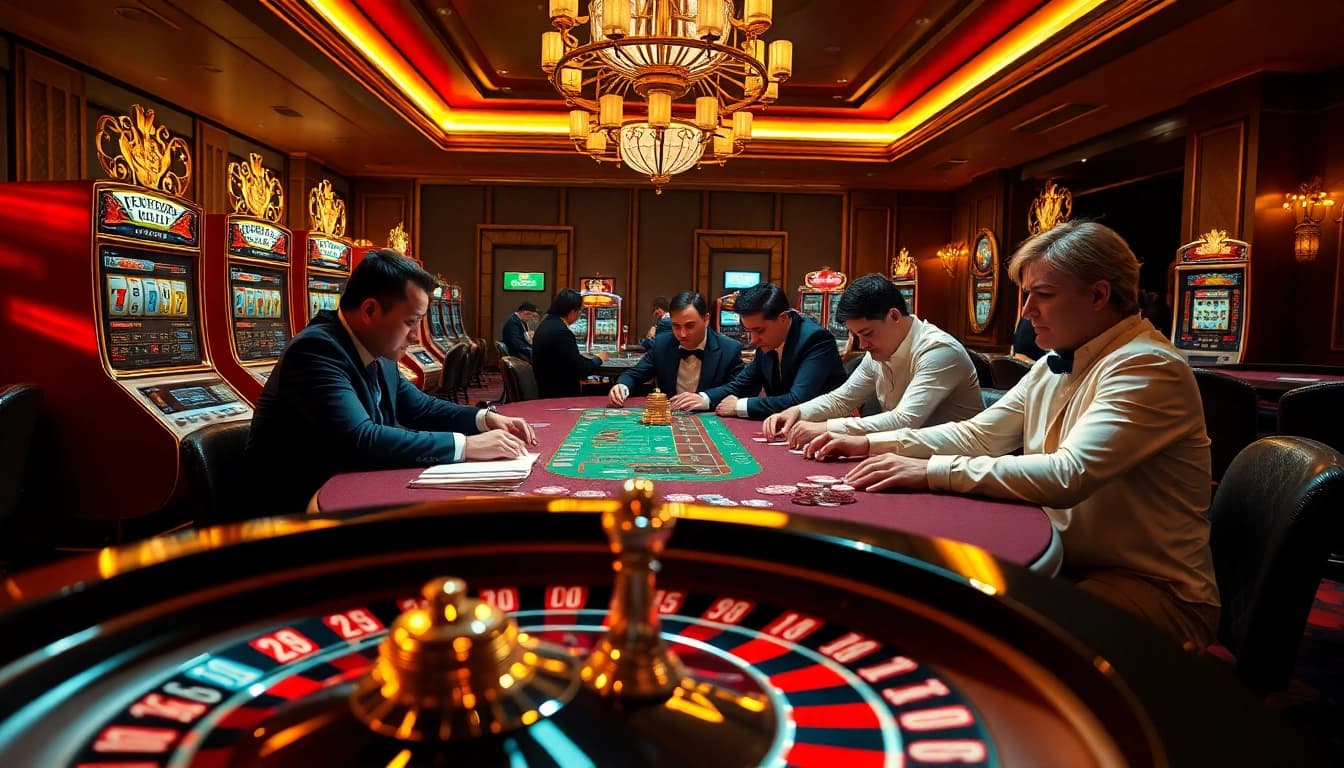 Nk88 casino scene showcasing thrilling poker action with vibrant slot machines.