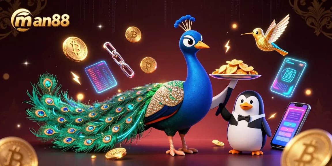 Engage with man88 and enjoy thrilling gaming with a dazzling peacock, butler, and golden chips.