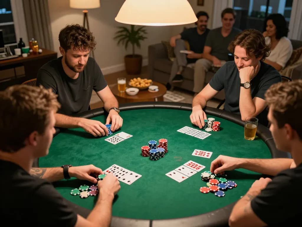 Playing strategic poker with friends showcases game bài đổi thưởng uy tín in a cozy home setting
