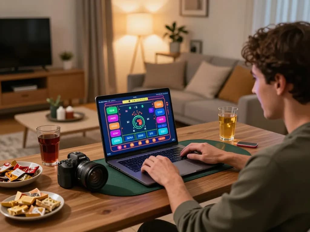 Người chơi tương tác với nền tảng trò chơi trực tuyến 12bet trên máy tính xách tay, hiển thị giao diện cược và môi trường thoải mái tại nhà.