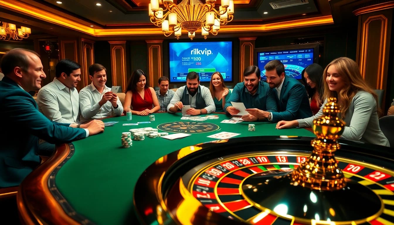 Engaging players strategizing at the rikvip casino table, showcasing excitement and competition.