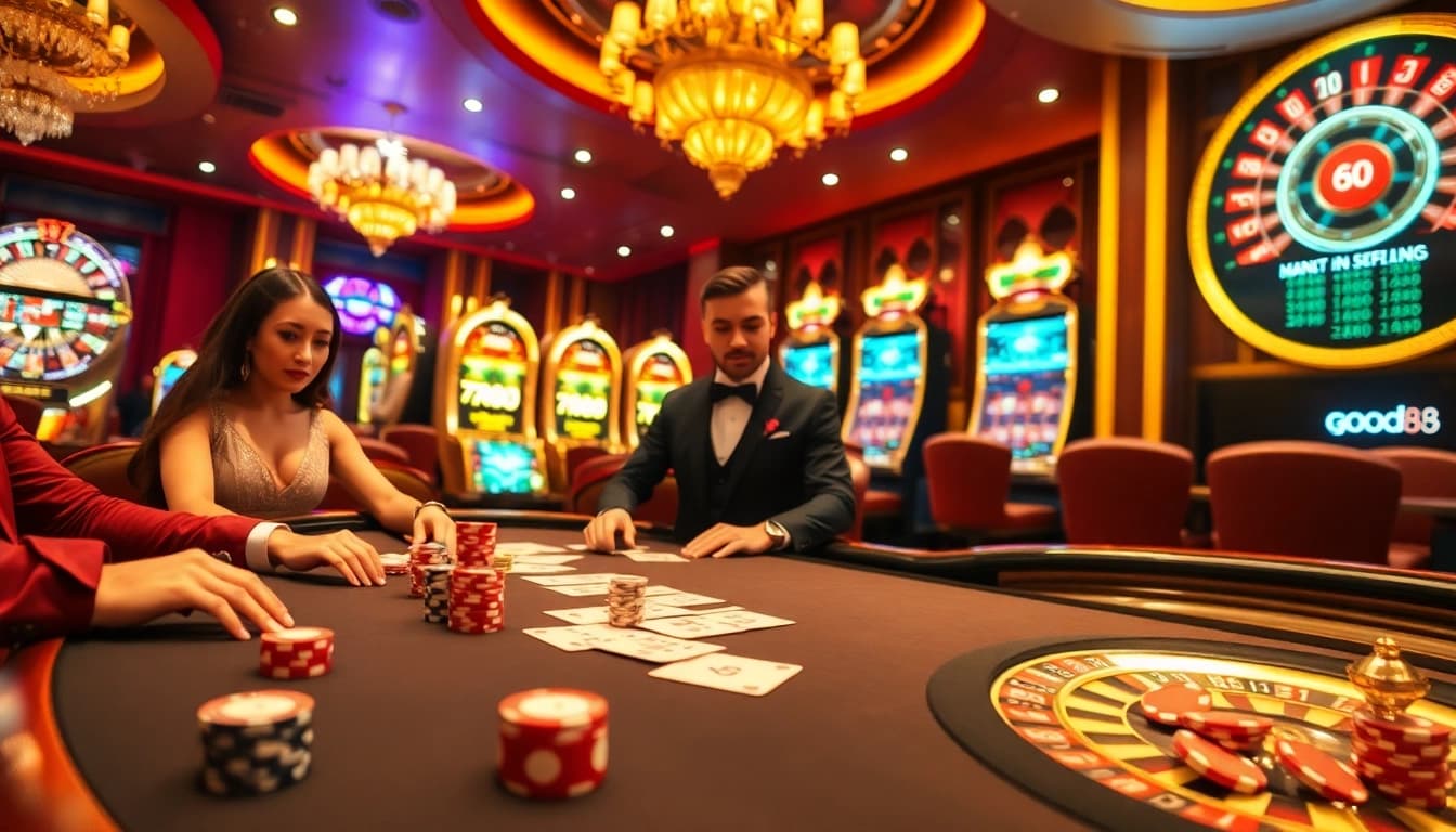 Experience the thrill of good88 gaming with a luxurious casino scene featuring poker tables and slot machines.