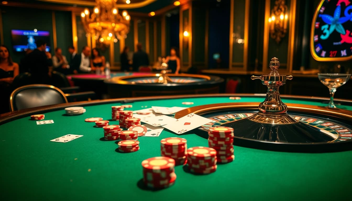 S8-themed vibrant casino scene featuring poker chips and a roulette wheel amidst a luxurious atmosphere.