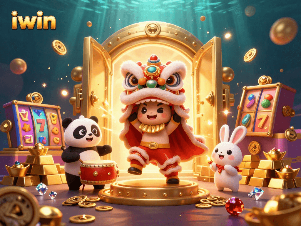 Witness iwin's thrilling experience as slot reels burst with excitement and treasures surround a festive lion dance.