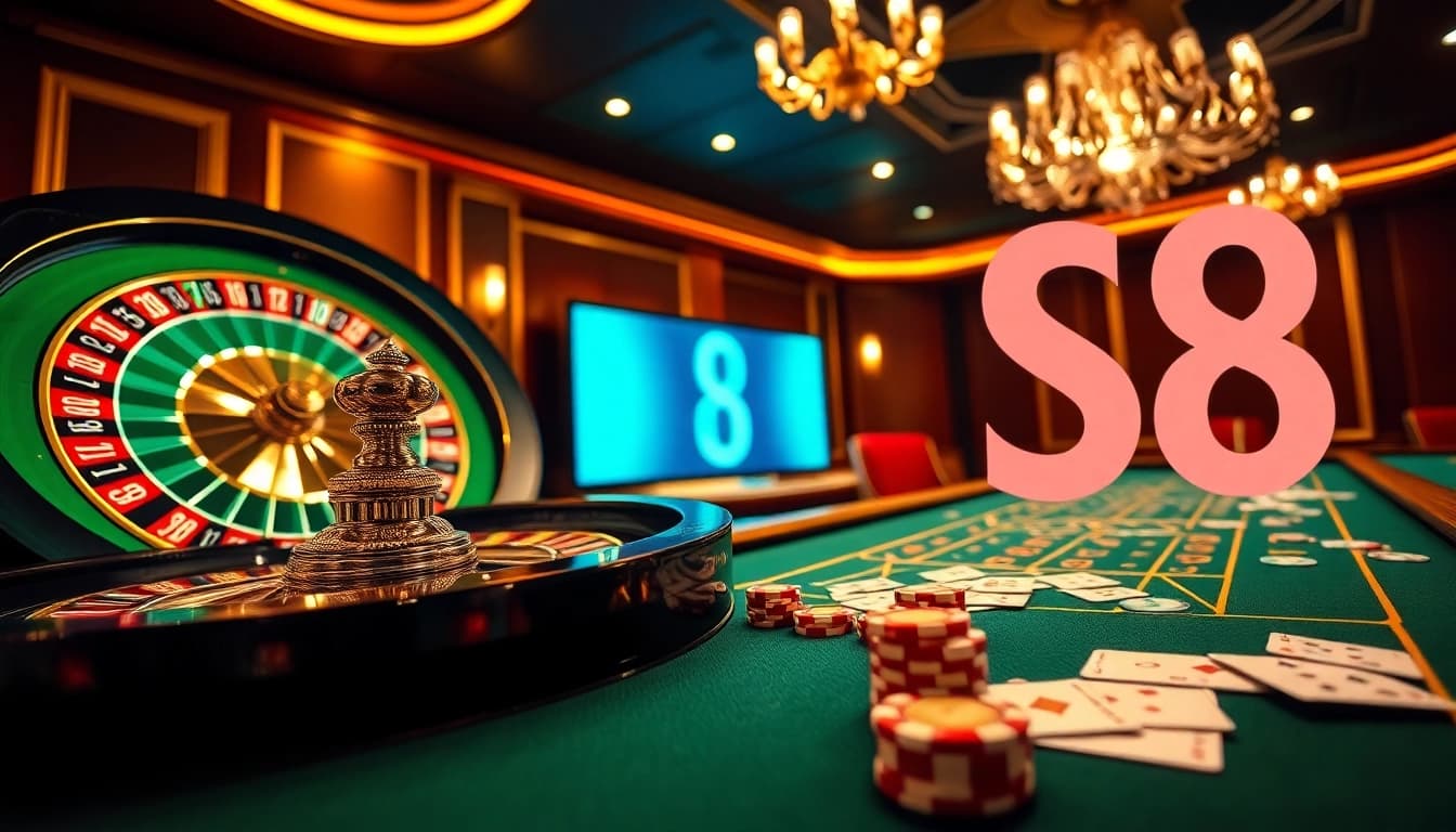 Engage in a thrilling roulette experience at the S8 casino with vibrant chips and cards.