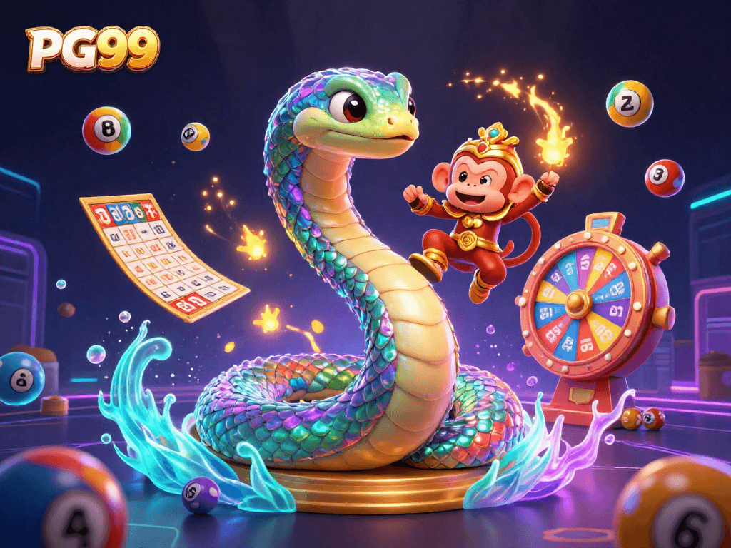 Engage with PG99's vibrant gaming scene featuring a colorful lottery themed illustration