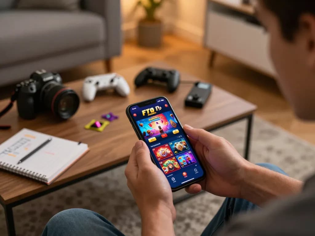 The player enjoys the fun79 casino app on their smartphone in a cozy home setting.