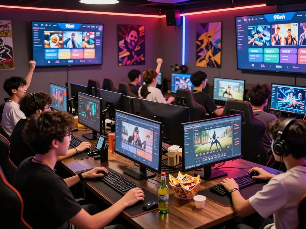 Players enjoying a vibrant gaming experience on the 99win platform with colorful screens and snacks around.
