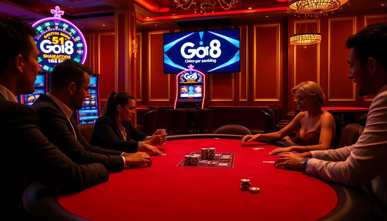 Players enjoy a thrilling poker game at Go8 Casino, showcasing chips and cards in an elegant setting.