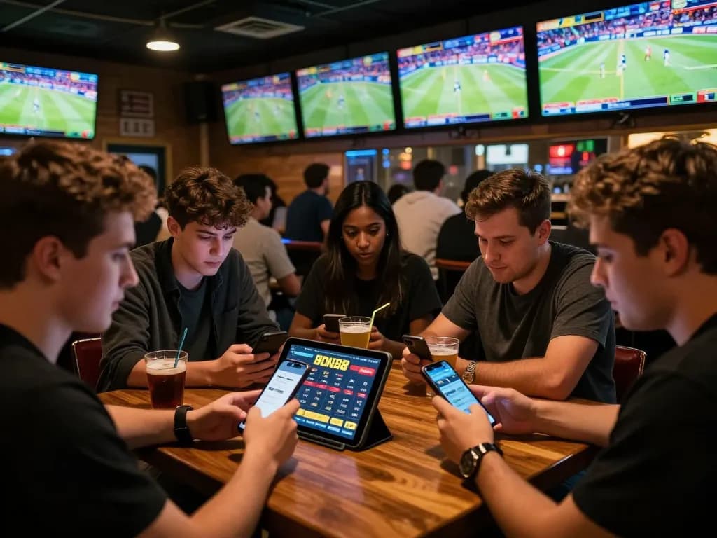 BONG88 users engaged in thrilling sports betting at a lively bar with multiple screens.