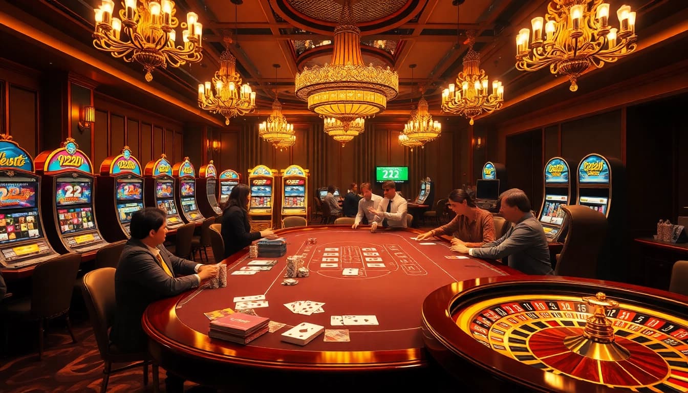 Players enjoying a thrilling game at the luxurious 222BD casino, featuring vibrant slot machines and stacked chips.