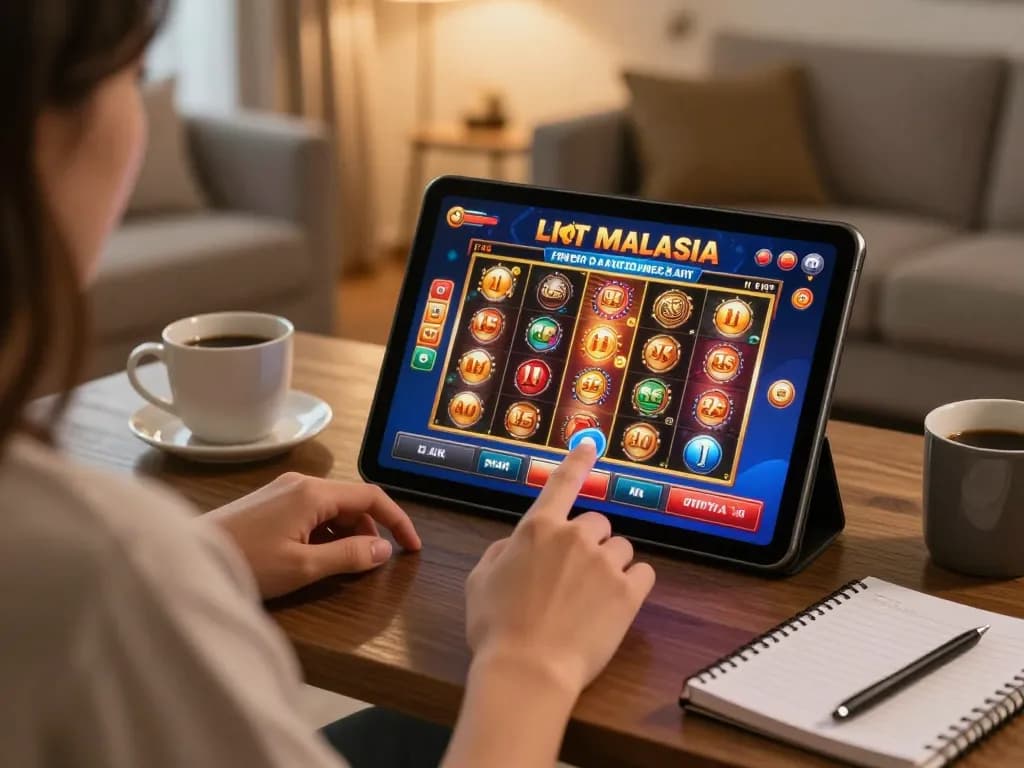 Engaged player enjoying Slot Malaysia gaming on a tablet in a cozy home setting.