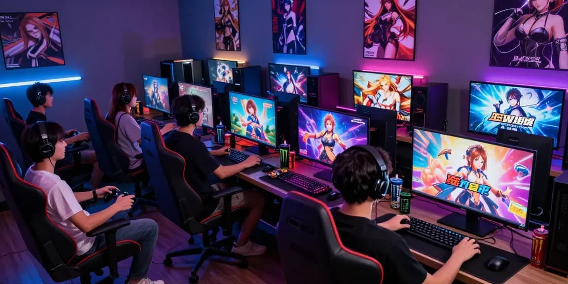 Gamers enjoying immersive hentai games in a vibrant gaming room.