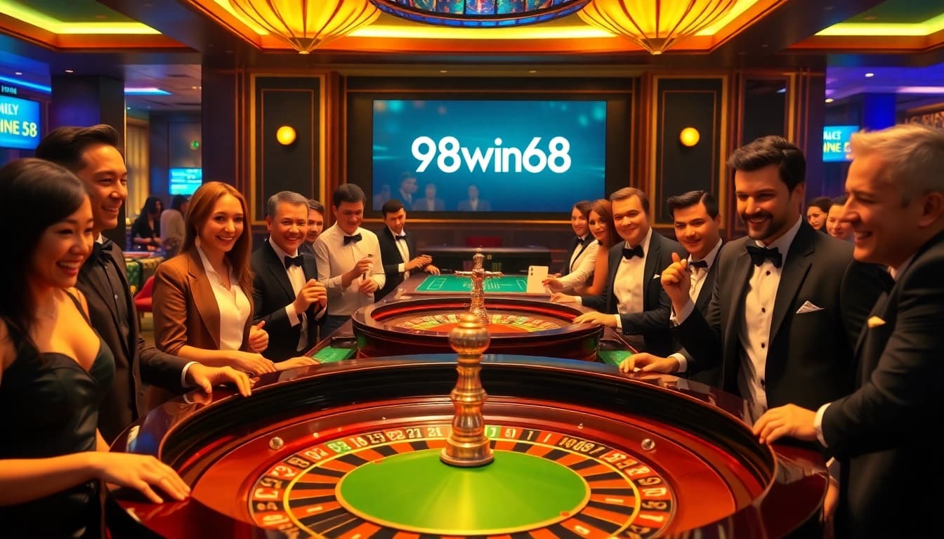 Experience the thrilling energy of 98win58 with players enjoying a luxurious casino atmosphere at a roulette table.