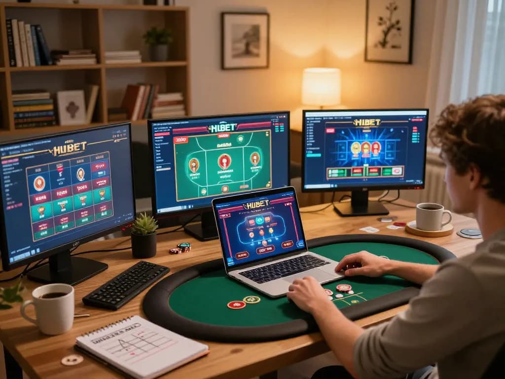 Engaging in strategic poker gameplay on hubet at a cozy home gaming setup.