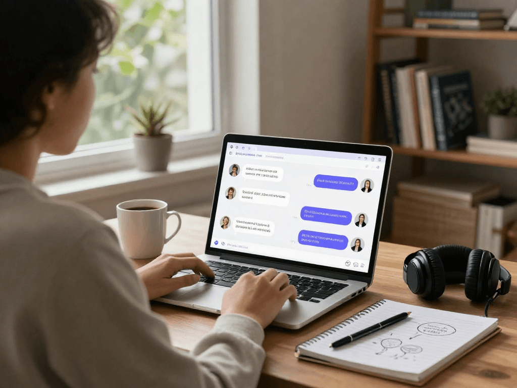 A person enjoying a porn AI chat session in a cozy home office with a laptop, coffee, and a notepad.