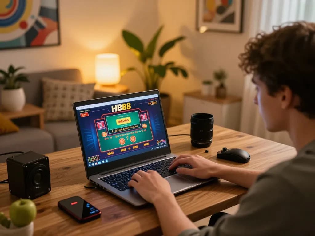 Player engaging with HB88 online casino on laptop, showcasing immersive home gaming experience