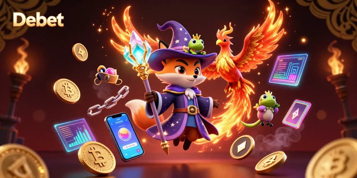 Engage with Debet's enchanting world featuring mystical creatures and vibrant casino symbols.