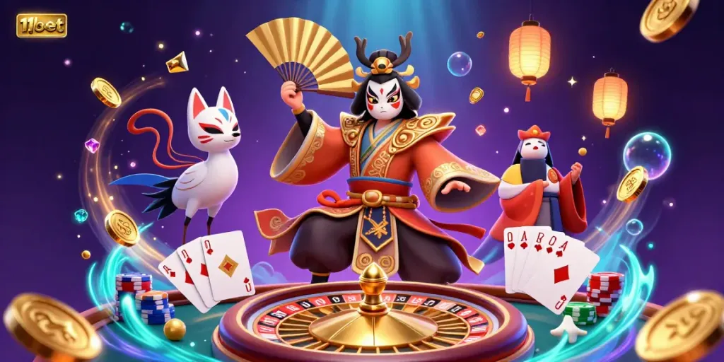 Experience thrilling gaming action with 11bet, featuring kabuki warriors and vibrant gambling elements.